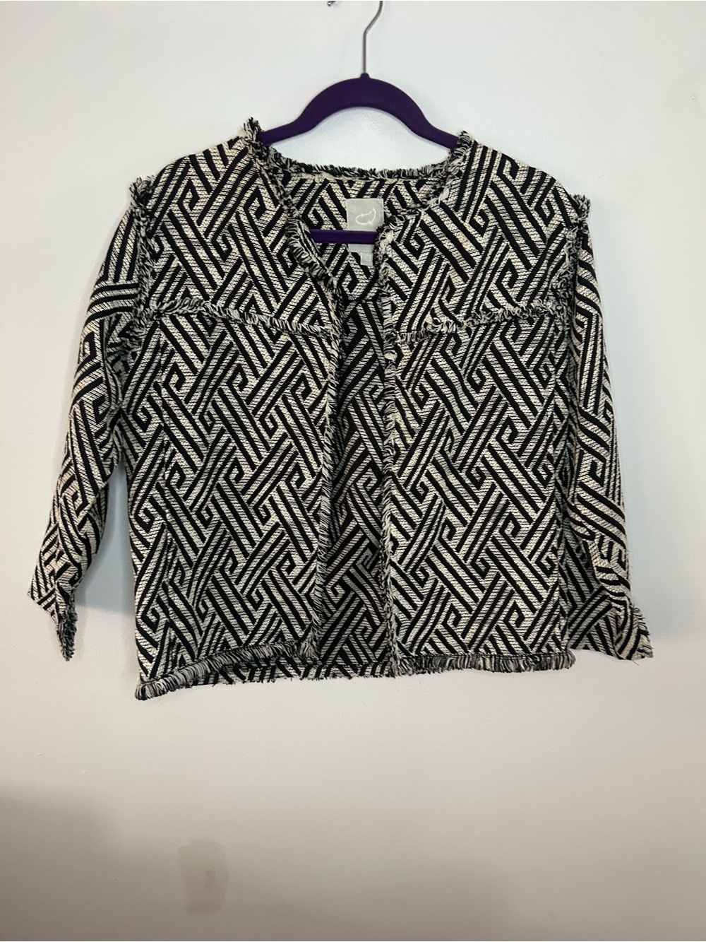 Twist Black and White Geometric Print Fringed blazer size small